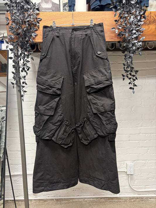 AW2024 Julius ‘Gas Mask’ Cotton/Nylon Black Wide Leg Cargo Pants