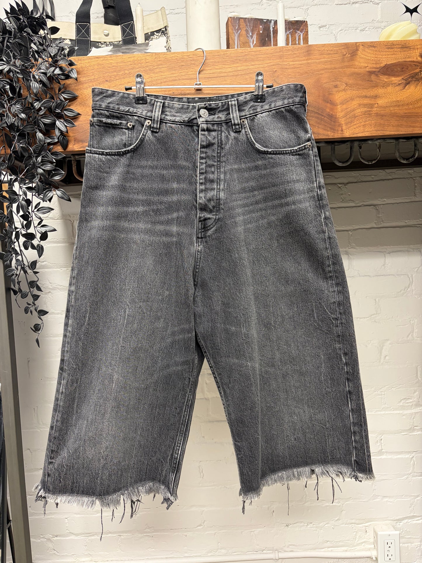2020 Balenciaga Over Knee Length Distressed Grey Raw Hem Denim Shorts