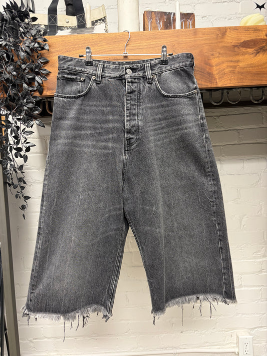 2020 Balenciaga Over Knee Length Distressed Grey Raw Hem Denim Shorts
