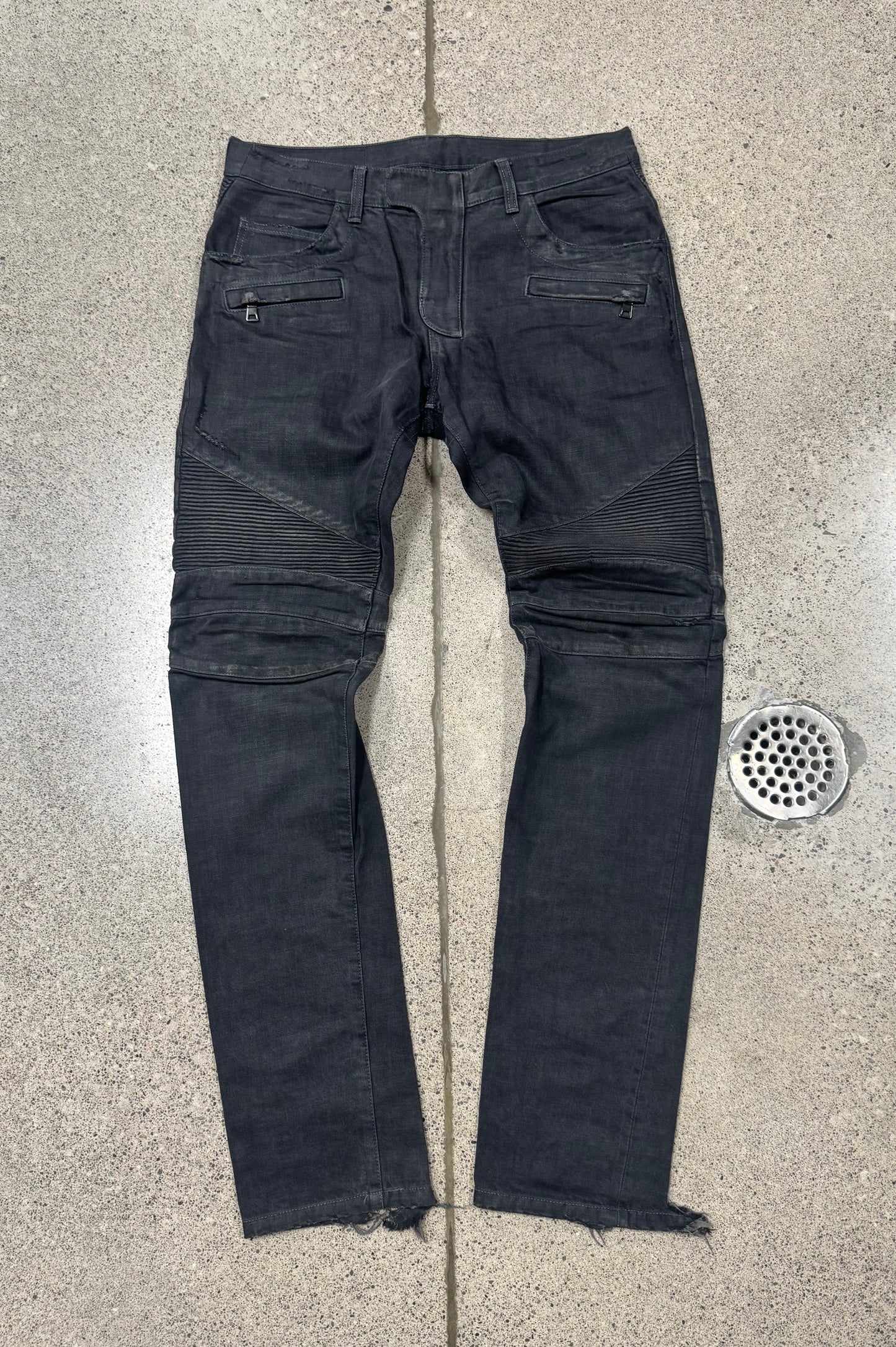 Balmain Waxed Grey Biker Denim