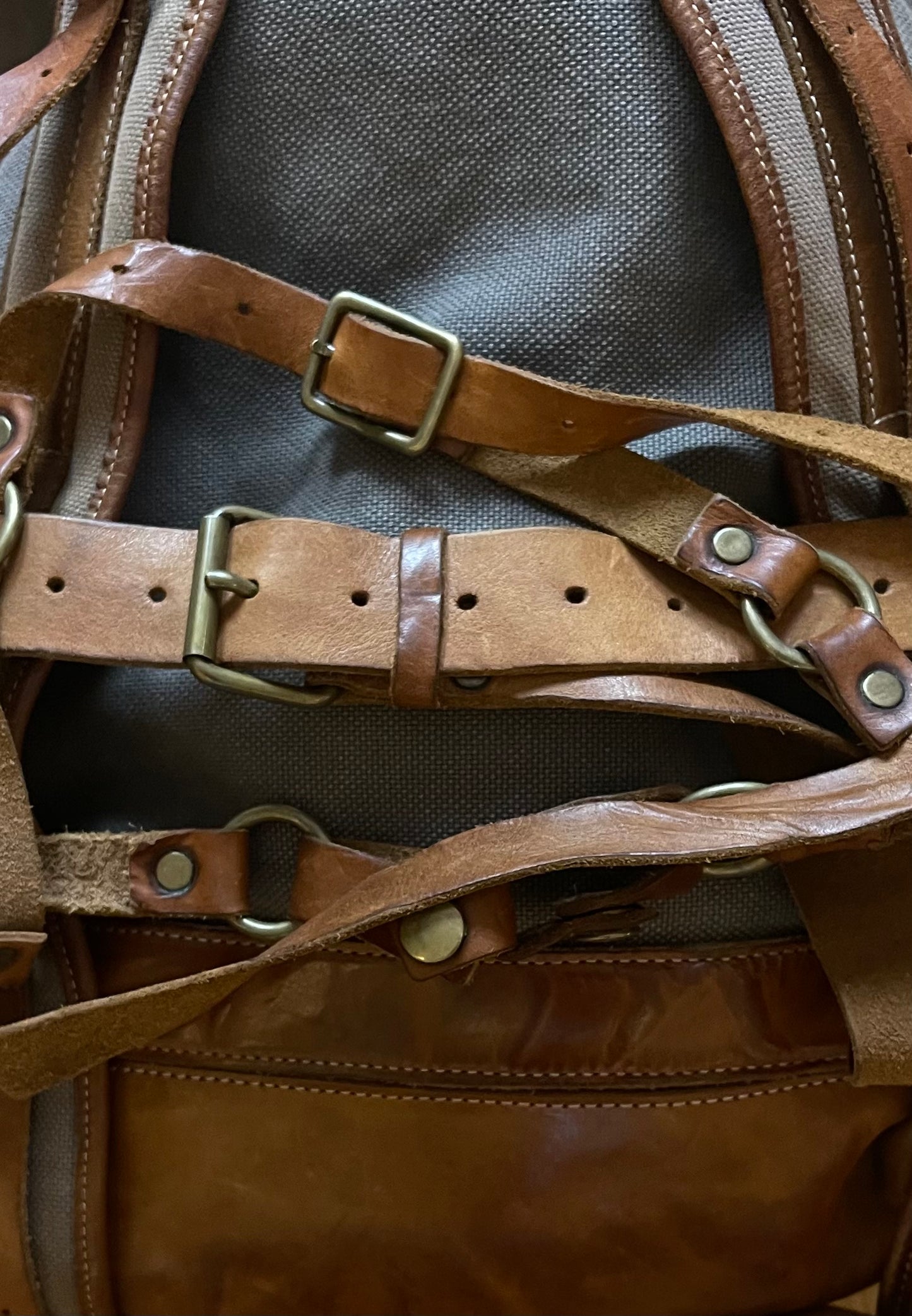 Mihara Yasuhiro Leather Belt Strap Rugged Canvas Backpack