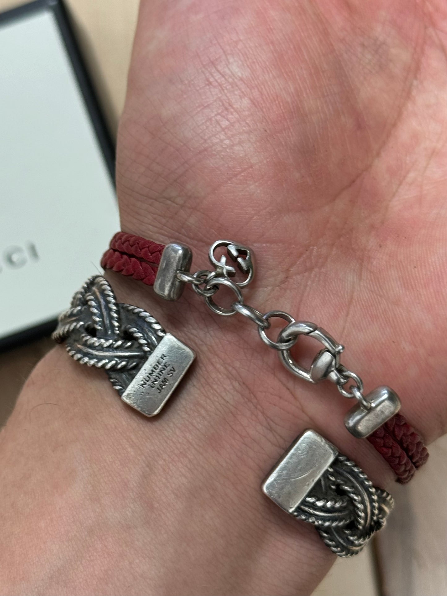 Gucci 925 Silver ‘Horsebit’ Charm Braided Leather Bracelet