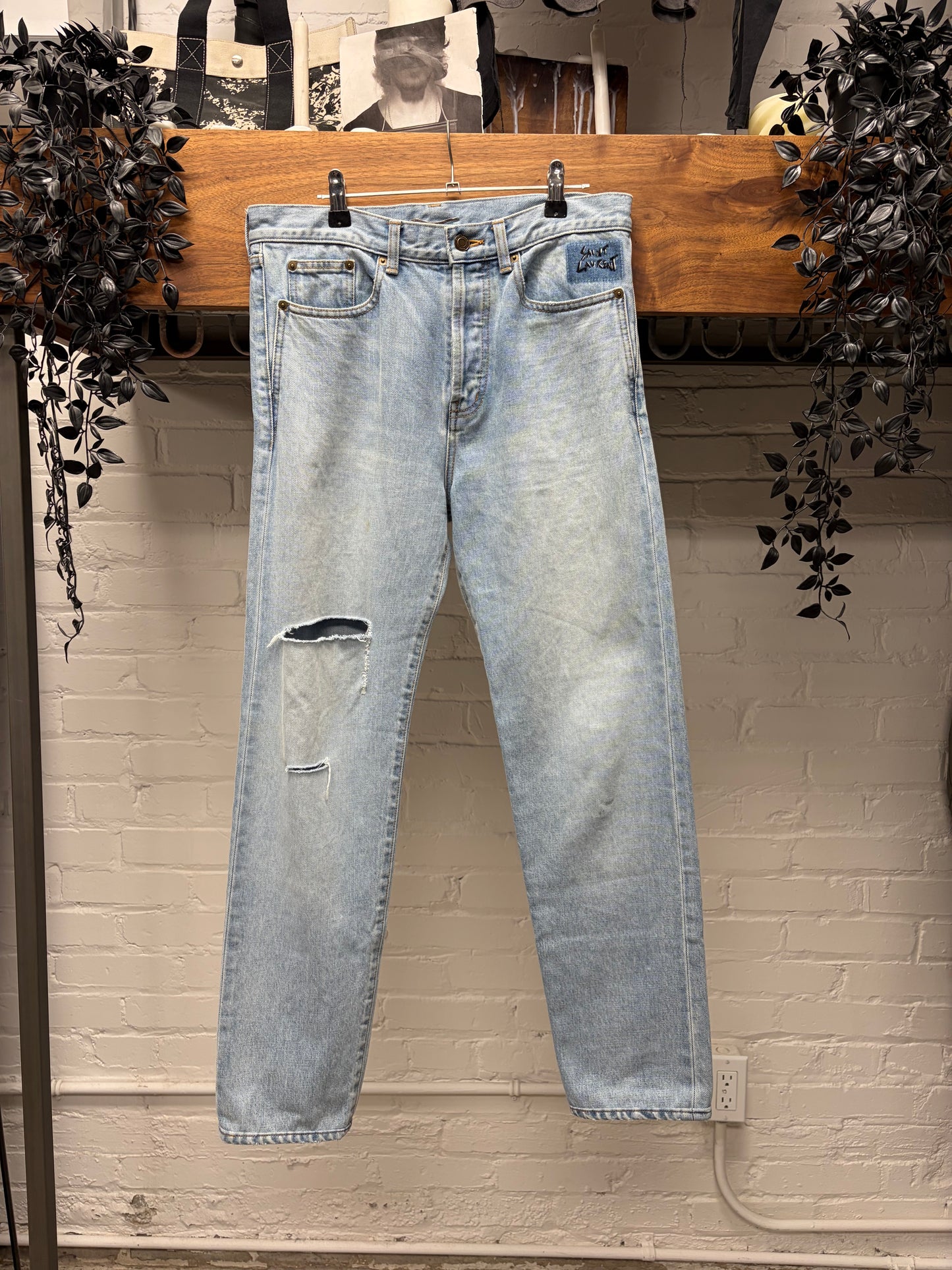 2017 Saint Laurent ‘D02’ Pocket Logo Light Wash Blue Distressed Skinny Jeans