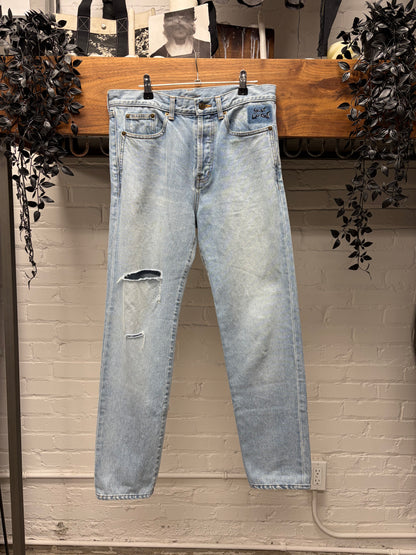 2017 Saint Laurent ‘D02’ Pocket Logo Light Wash Blue Distressed Skinny Jeans