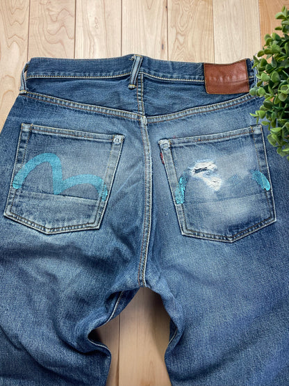 Evisu N02 Hand Painted Gull Logo Light Wash Wide Cut Denim