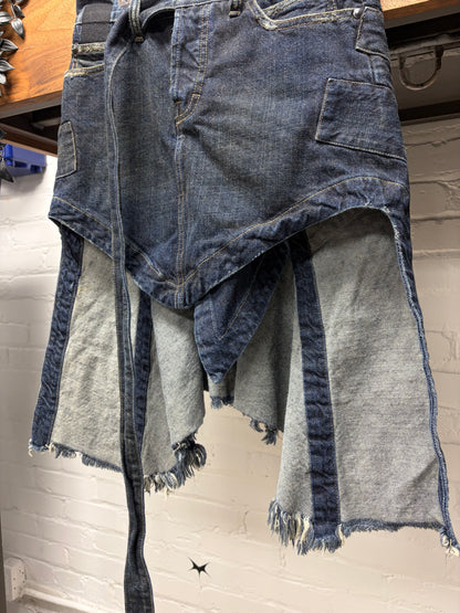 Rick Owens ‘Slab’ Dirt Washed Blue Denim Shorts with Fishtail Skirt