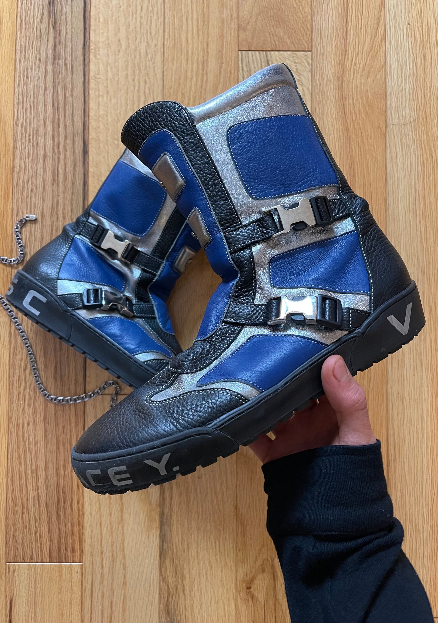 2000s Versace Double Buckle Leather Moto-Biker Boots