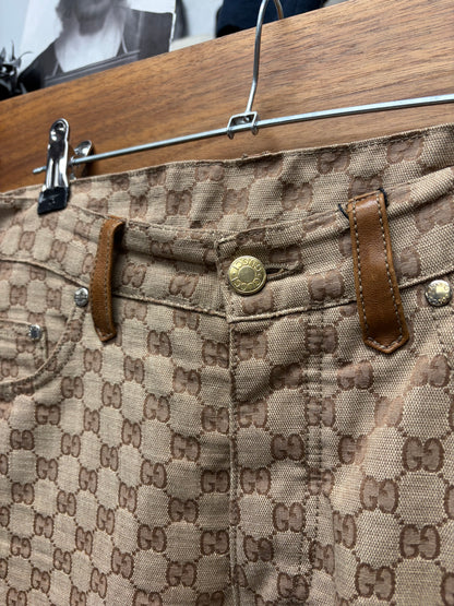 AW1999 Gucci by Tom Ford Brown Canvas Monogram Flared Leg Pants