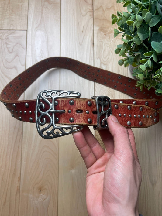 Tornado Mart Studded Silver Buckle Red Leather Belt