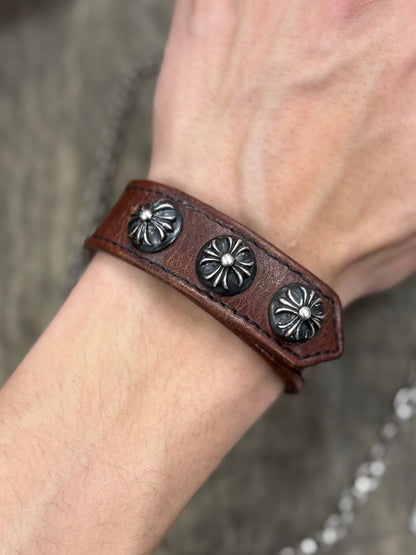 Chrome Hearts Leather ‘Cross Ball’ Trio 925 Silver Leather Bracelet