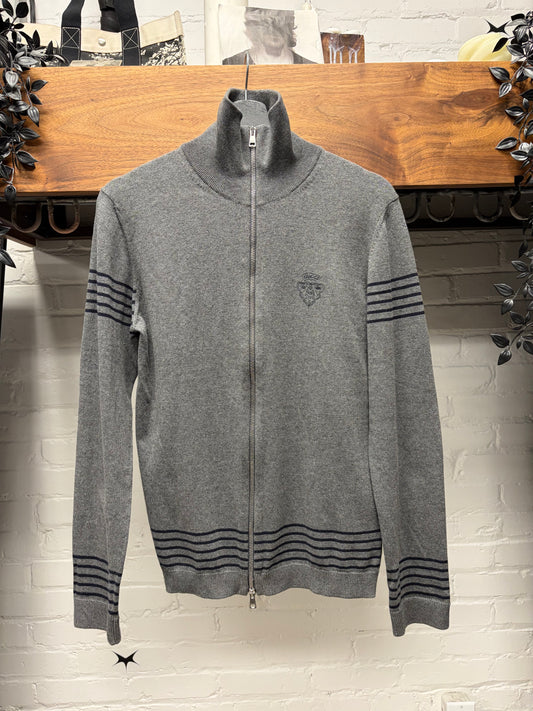 2000s Gucci by Frida Giannini ‘Varsity Crest’ Grey Wool Sweater with Navy Striping