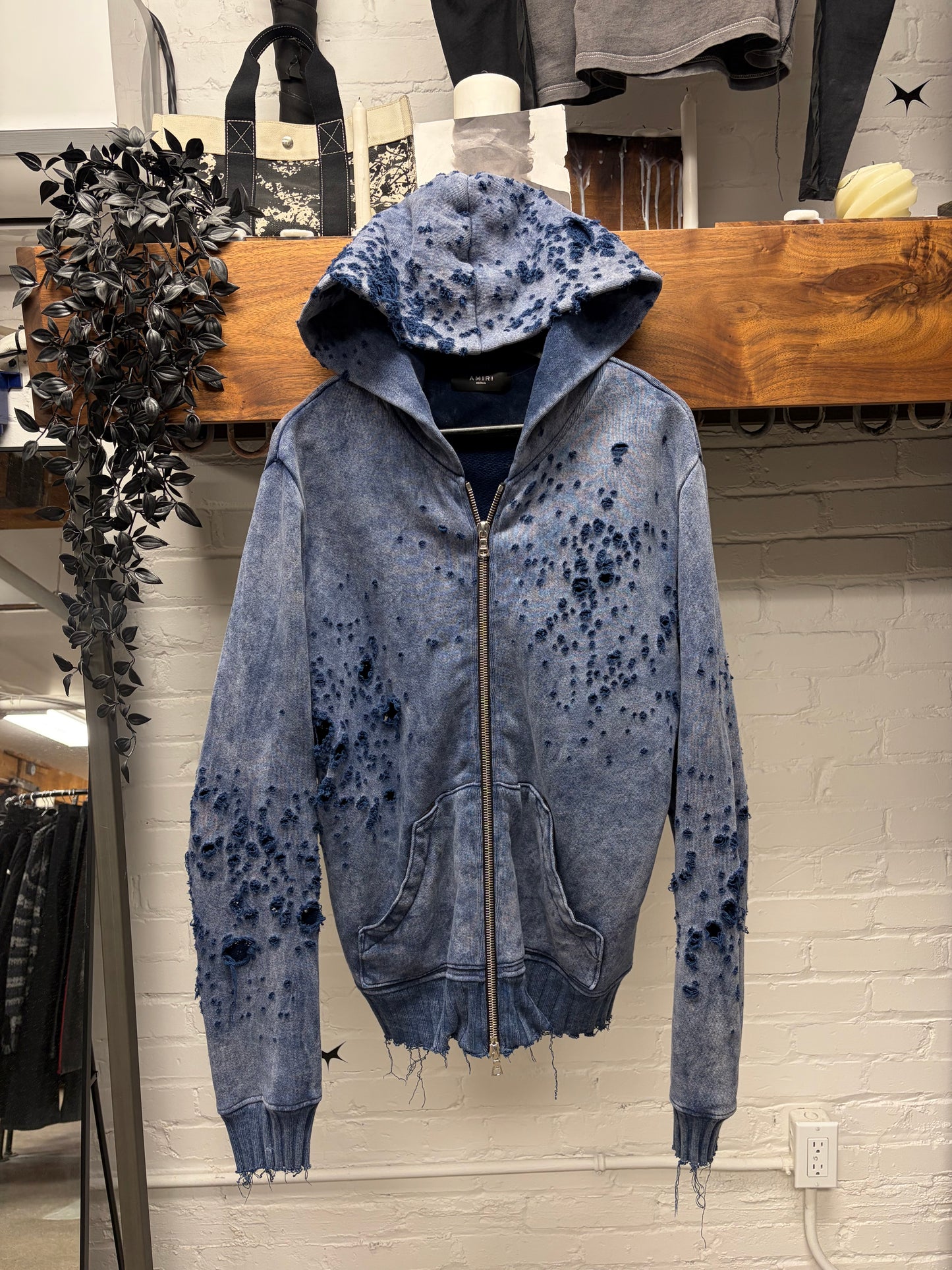 Amiri Shotgun Distressed Blue Cashmere Zip-Up Hoodie