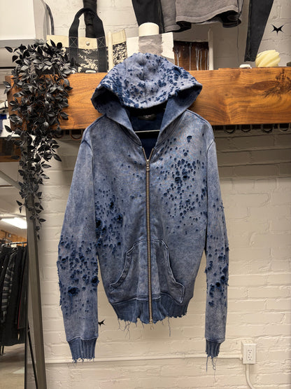Amiri Shotgun Distressed Blue Cashmere Zip-Up Hoodie