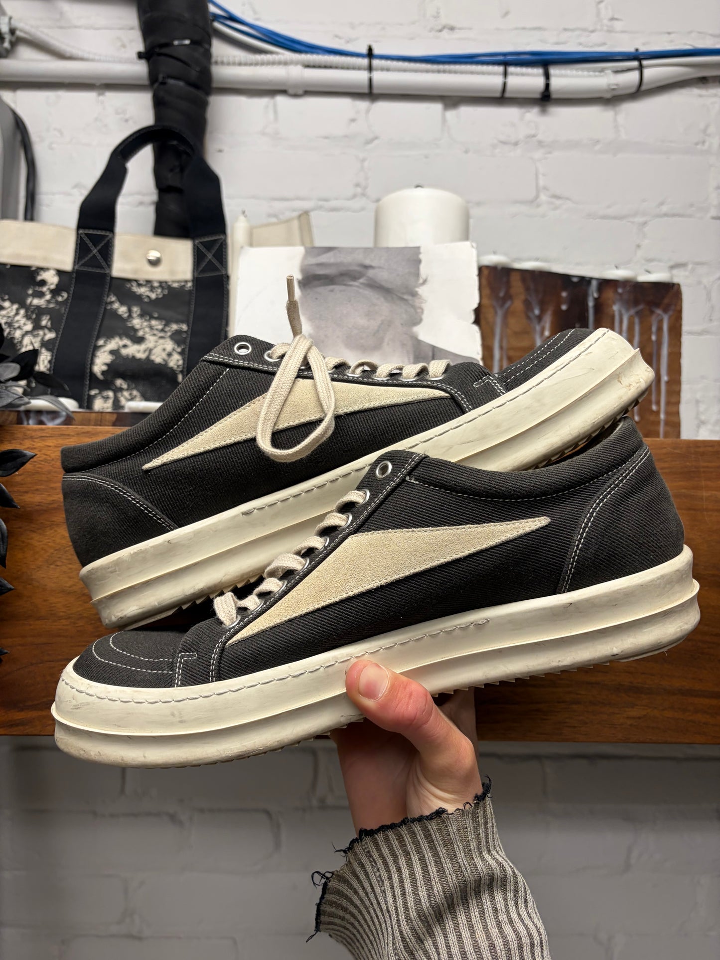 Rick Owens Black/Milk Canvas ‘Vans’ Low Top Sneakers