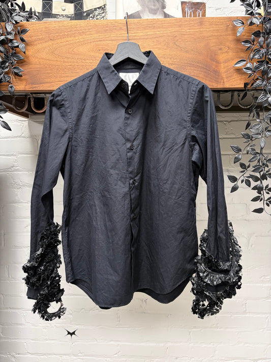 SS2017 Noir Kei Comme Des Garçons Black Collared Shirt with Leather Ruffled Sleeve Detailing