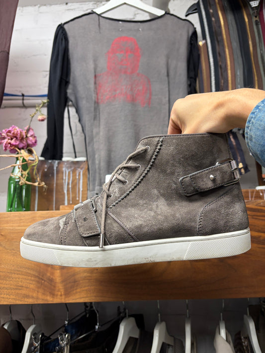 Christian Louboutin Brown Suede Studded Sneakers with Red Bottom Sole