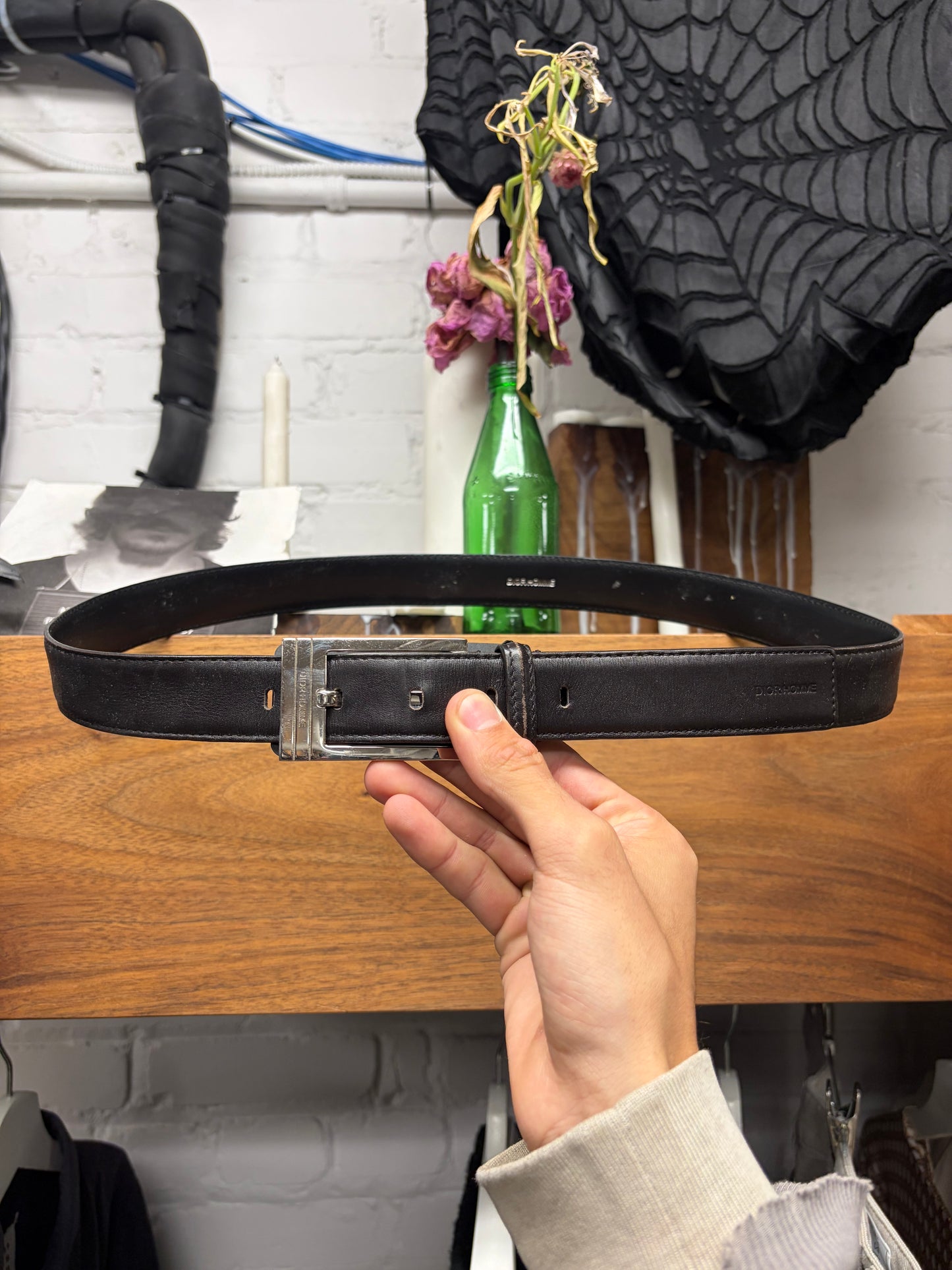 Dior Homme Minimal Rectangular Buckle Black Leather/Silver Tone Belt
