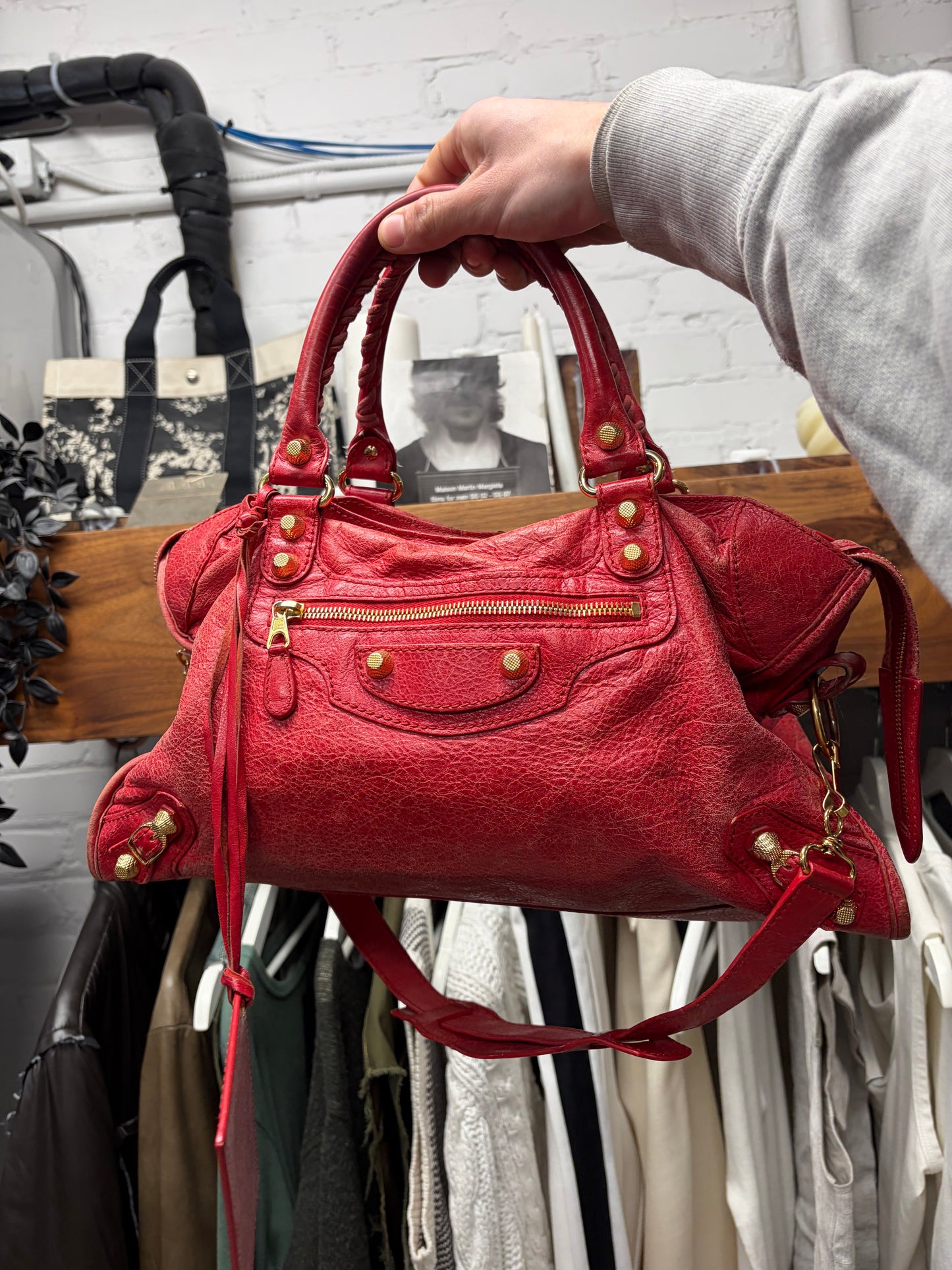 Balenciaga Red/Gold Hardware ‘City Bag’ with Crossbody Strap