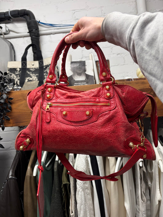Balenciaga Red/Gold Hardware ‘City Bag’ with Crossbody Strap