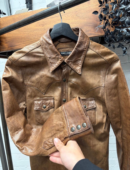2000s Dolce & Gabbana Lambskin Leather ‘Western’ Button Snap Shirt