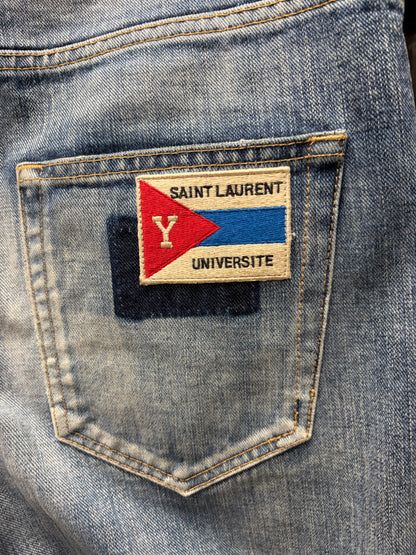 2017 Saint Laurent ‘YSL University’ Patch Blue Skinny Jeans