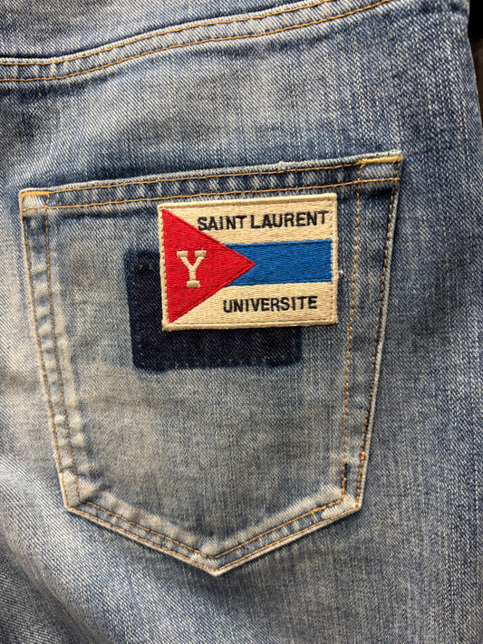 2017 Saint Laurent ‘YSL University’ Patch Blue Skinny Jeans