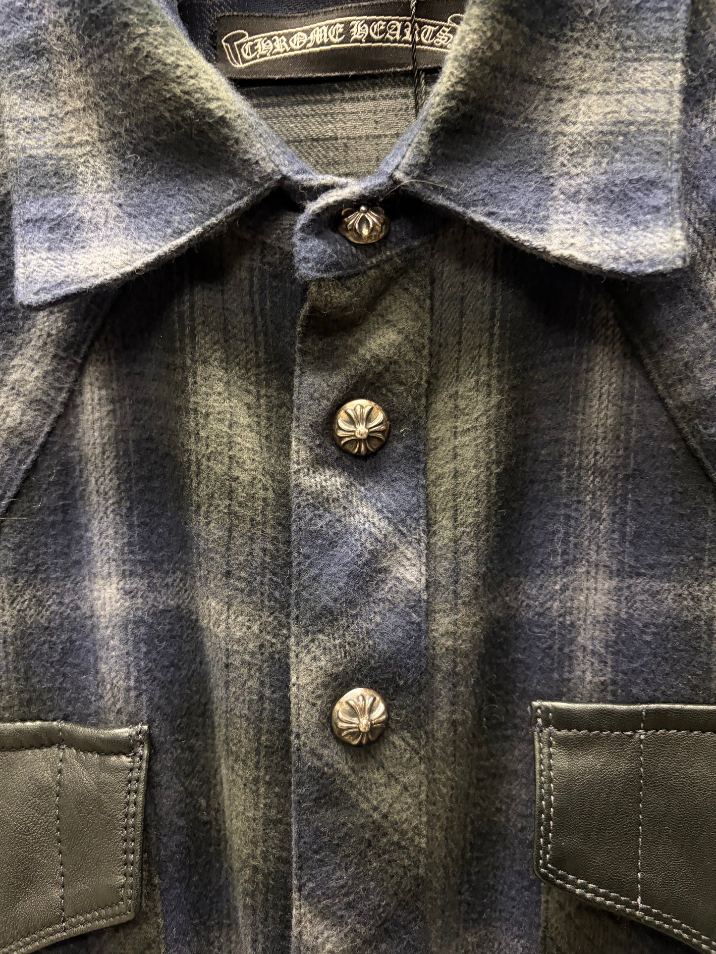Chrome Hearts Leather Cross Patch ‘Fleur Back’ Western Plaid Flannel Shirt