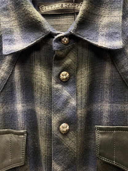 Chrome Hearts Leather Cross Patch ‘Fleur Back’ Western Plaid Flannel Shirt