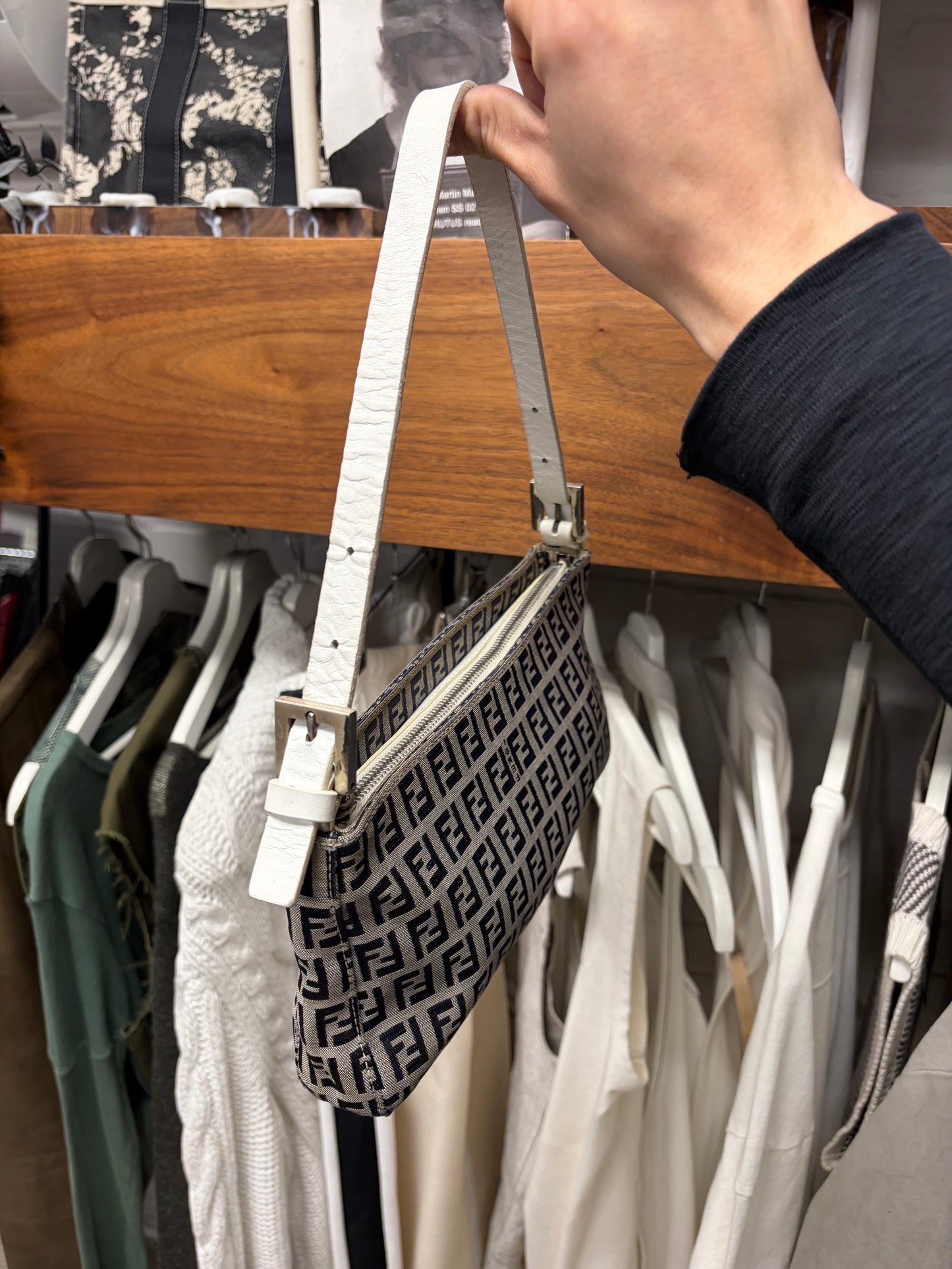 Fendi ‘Zucchino’ Canvas Monogram Baguette Bag with Leather Strap