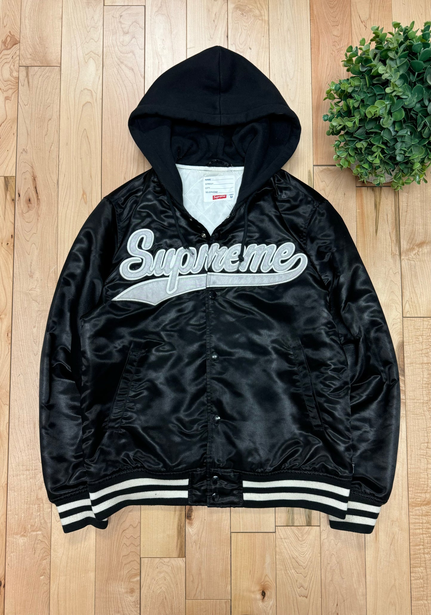 SS2014 Supreme ‘Black Satin’ Hooded Varsity Jacket