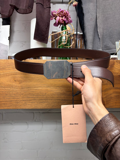 Miu Miu Brown Calfskin Leather ‘Metallic Plaque’ Octagonal Buckle Belt