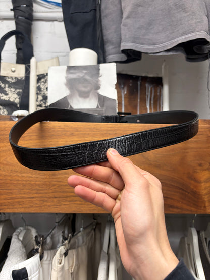 Saint Laurent Black Crocodile Embossed Leather ‘YSL’ Logo Minimal Belt