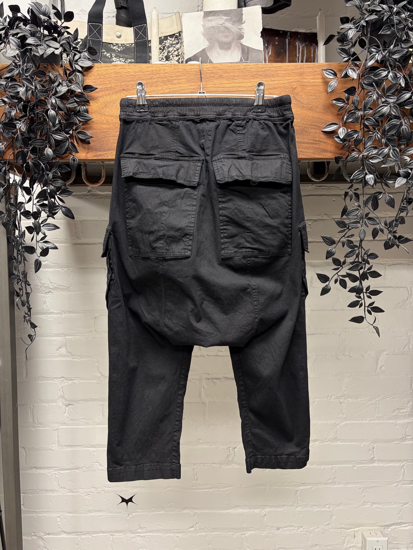 Rick Owens Drop Crotch ‘Pod’ Black Drawstring Cropped Cargo Pants