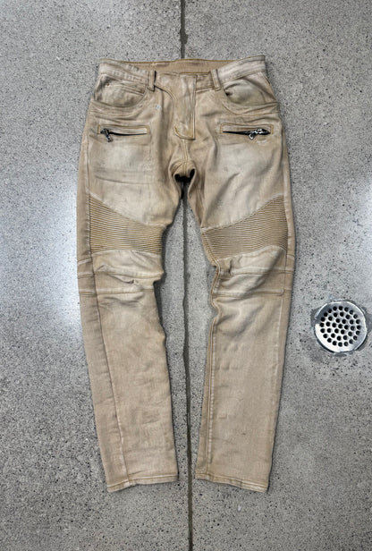 Balmain Tan Brown ‘Biker Knee’ Slim Cut Denim