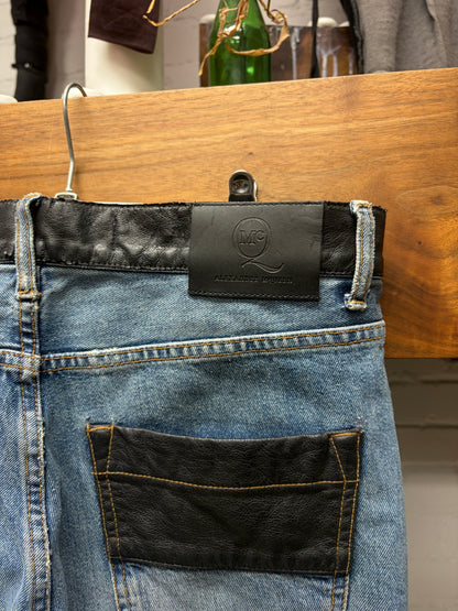 Alexander McQueen Straight Leg Leather Patch Repaired Blue Denim