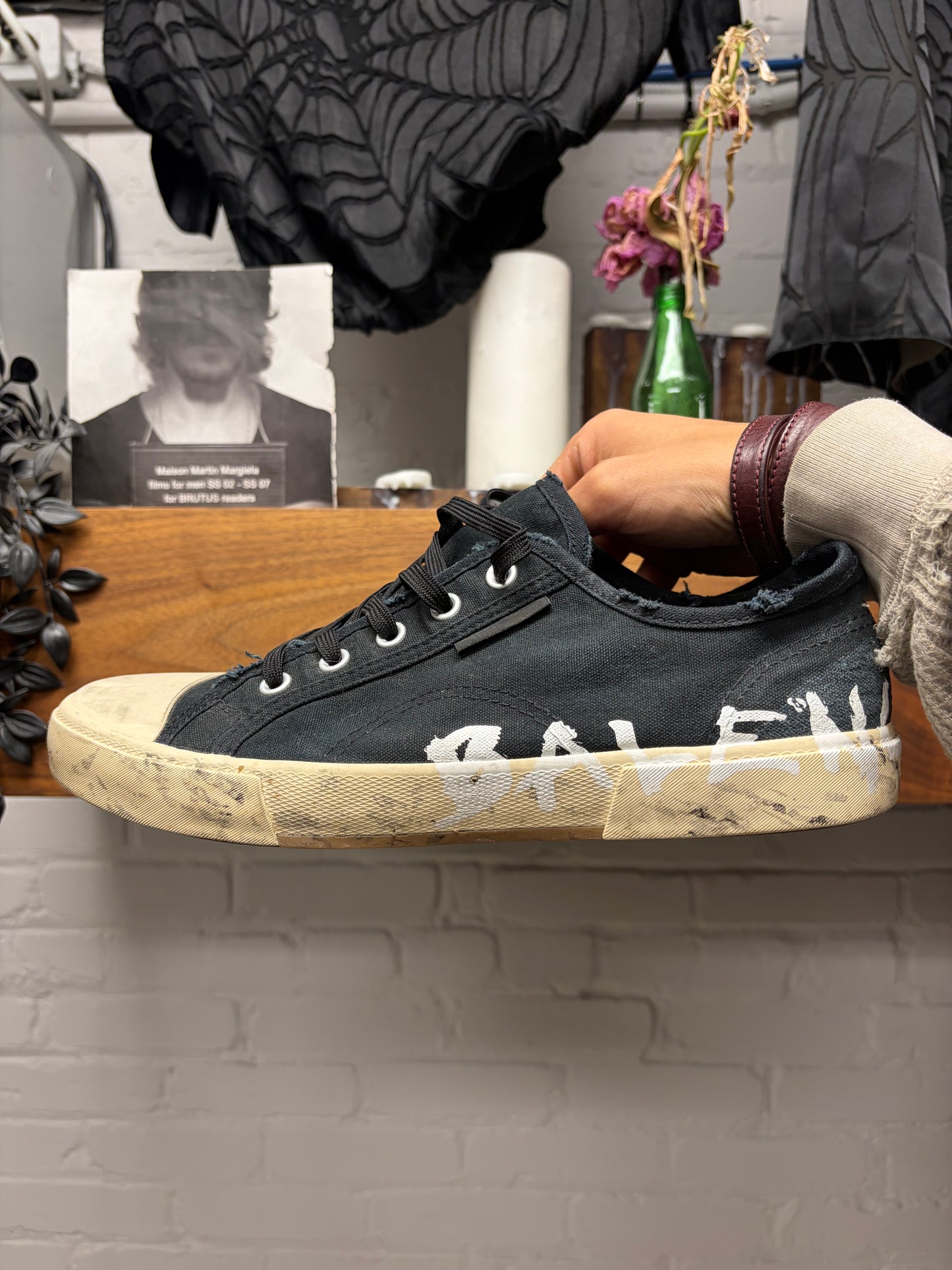 Balenciaga ‘Paris’ Graffiti Black Distressed Canvas Low Top Sneakers
