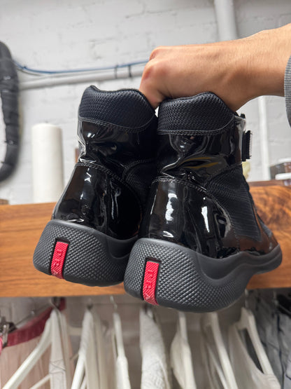 Prada ‘Americas Cup’ Black Patent Leather High Top Sneakers