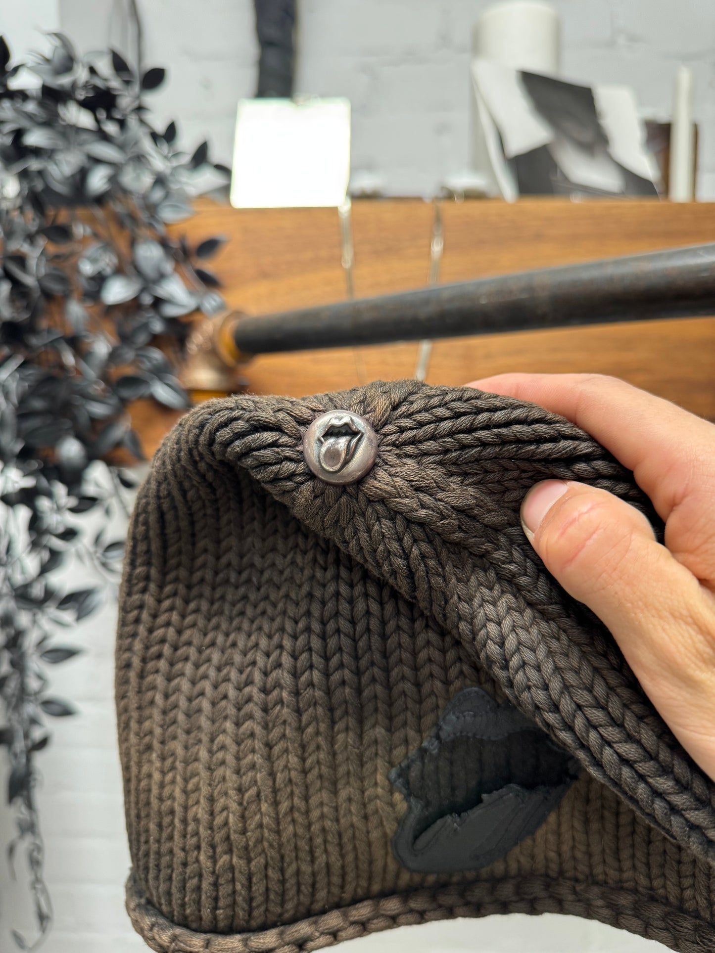 Vintage Chrome Hearts ‘Rolling Stones’ Leather Patch ‘Sun Faded’ Brown Beanie