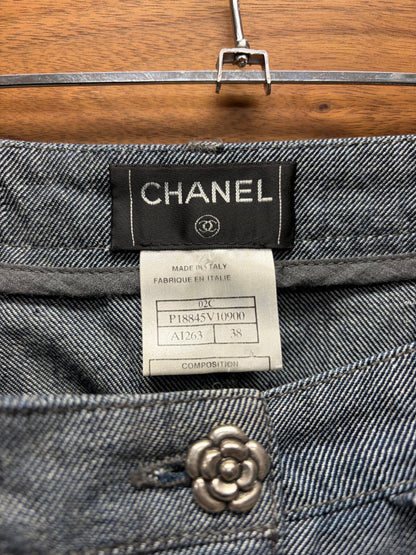 SS2002 Chanel Cruise Pearl ‘Wallet Chain’ Denim Embellished Midi Skirt
