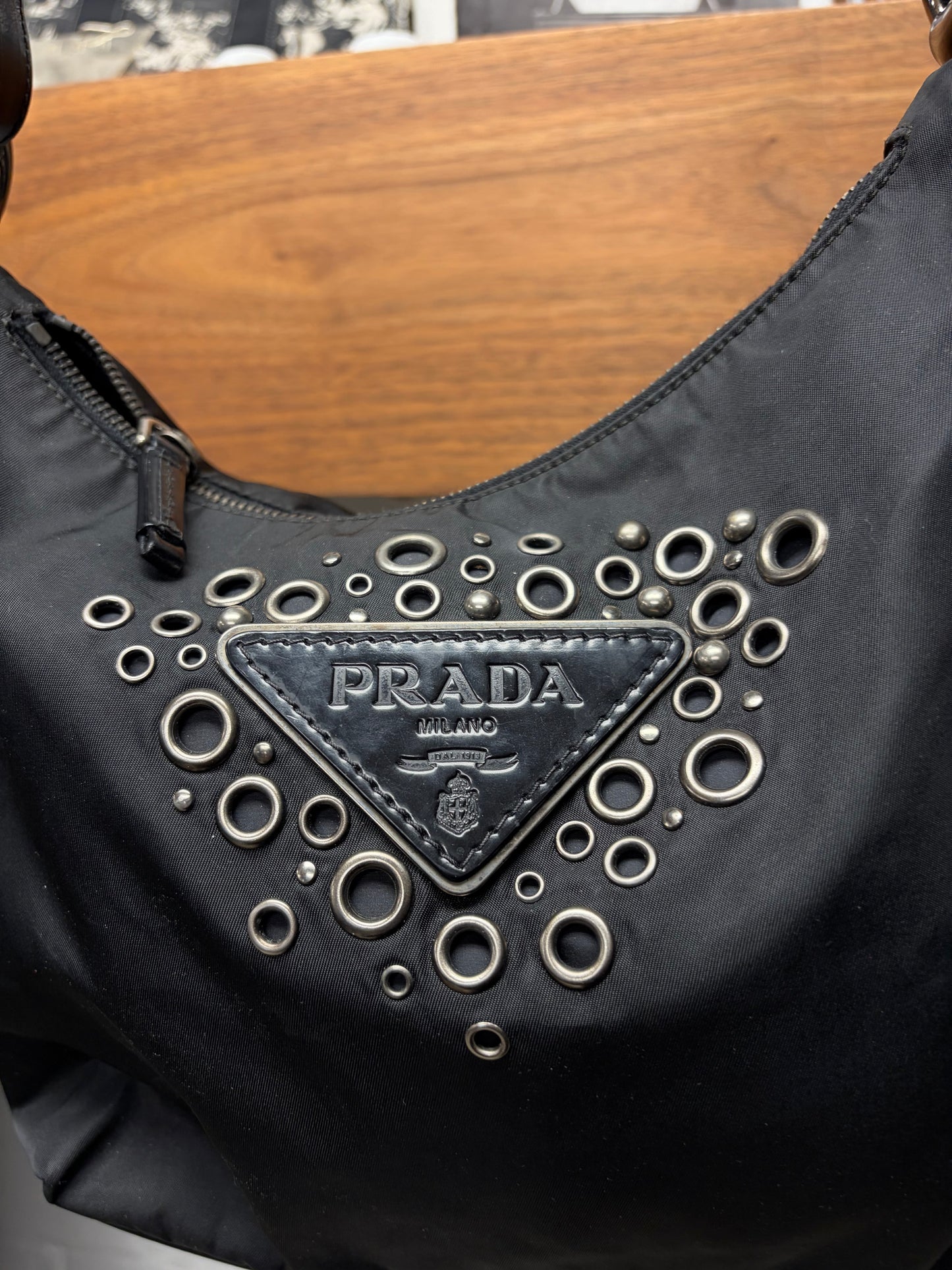 Prada Black Nylon Vela ‘Grommet Detail’ Hobo Shoulder Bag