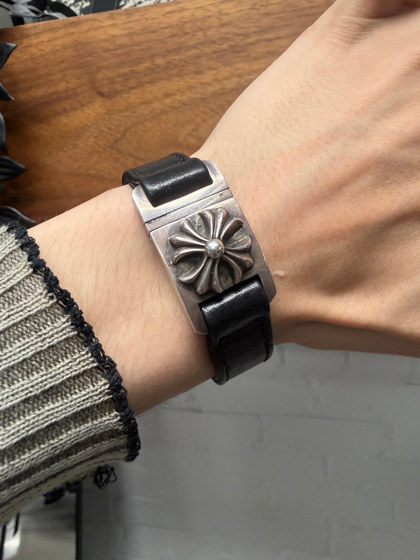 Chrome Hearts ‘Plus Cross’ 925 Silver Black Leather Bracelet