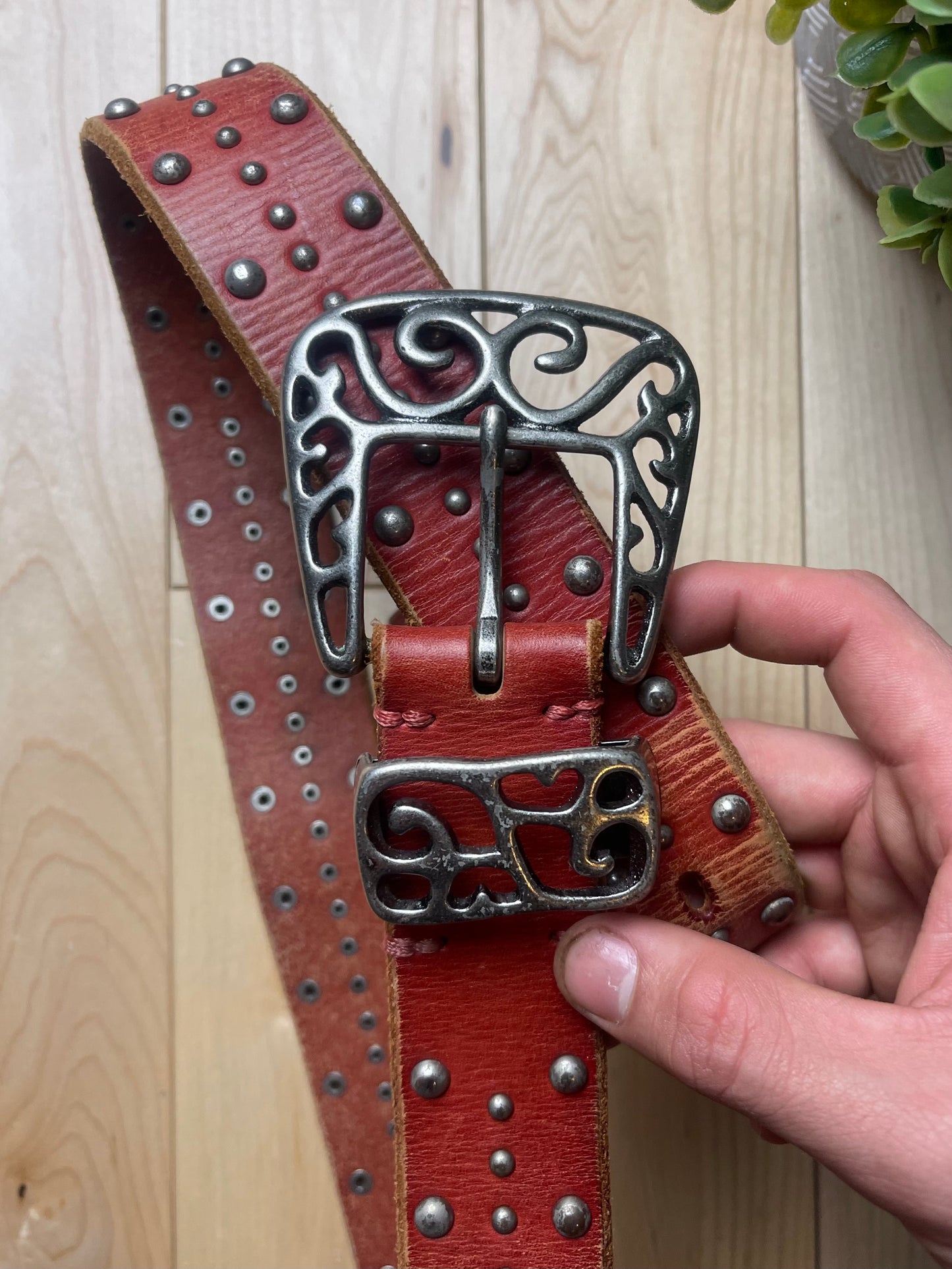 Tornado Mart Studded Silver Buckle Red Leather Belt