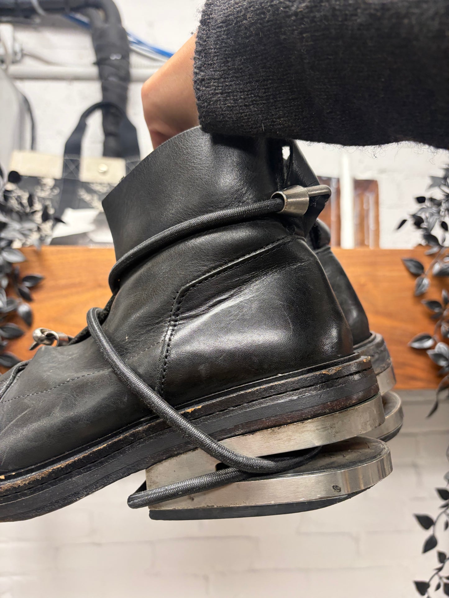 Dirk Bikkembergs Bungee Cord Metal Heel Black Leather Boots