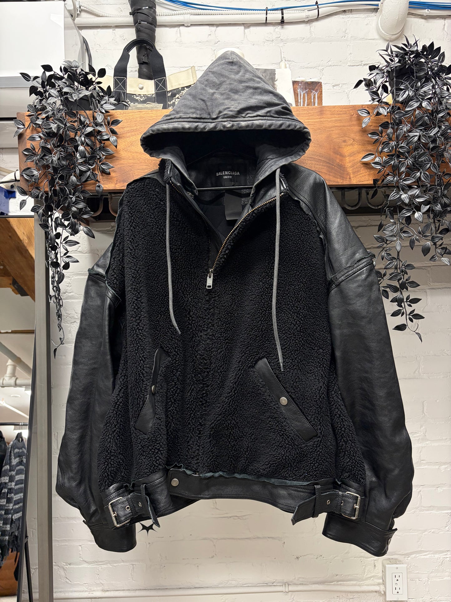 2021 Balenciaga ‘Collegiate’ Shearling/Raw Hem Lambskin Leather Hooded Jacket