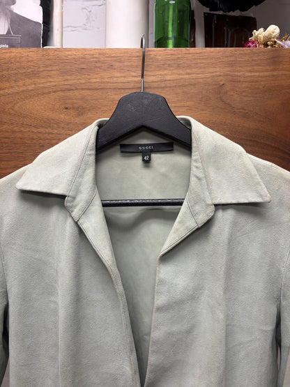 Gucci Mint Green/Tan Single Button Closure Suede Button Snap Shirt