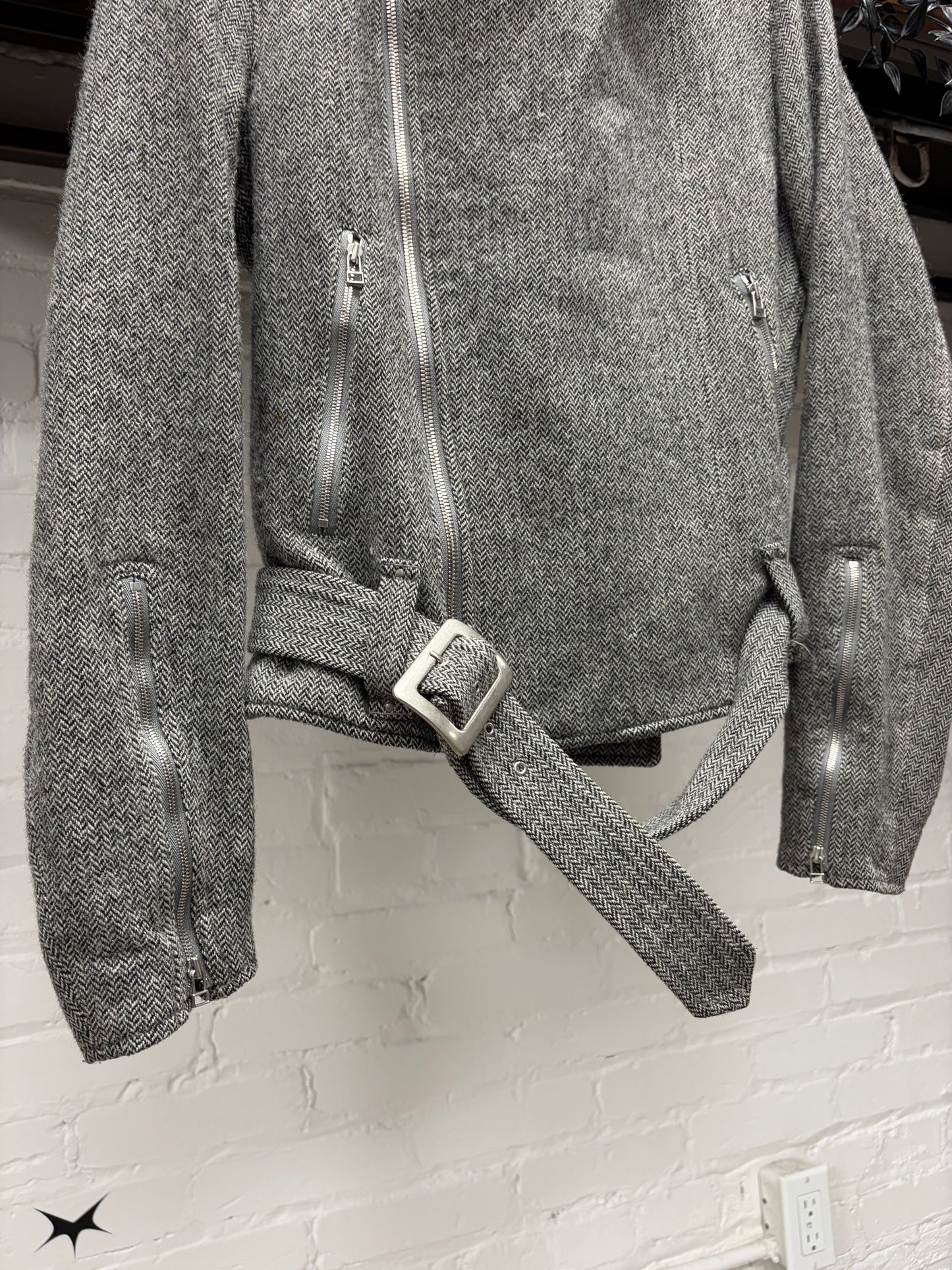 2000s Helmut Lang ‘Herringbone’ Wool Biker Coat with Belted Closure