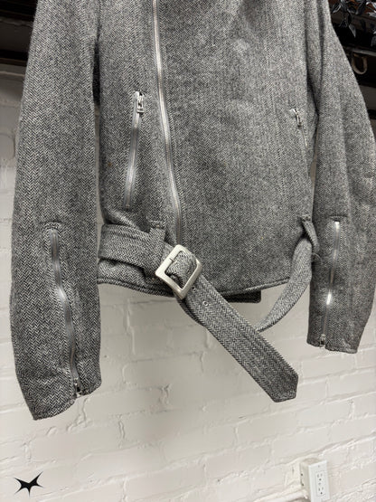 2000s Helmut Lang ‘Herringbone’ Wool Biker Coat with Belted Closure