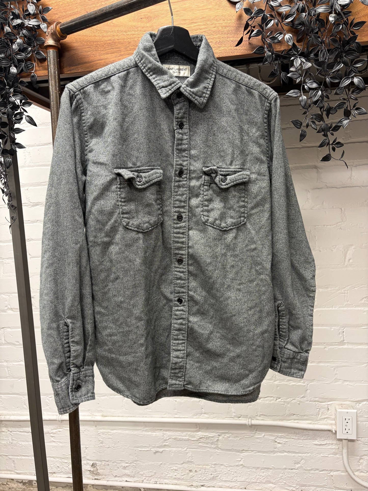 2017 Saint Laurent Grey Wool Button Snap Shirt