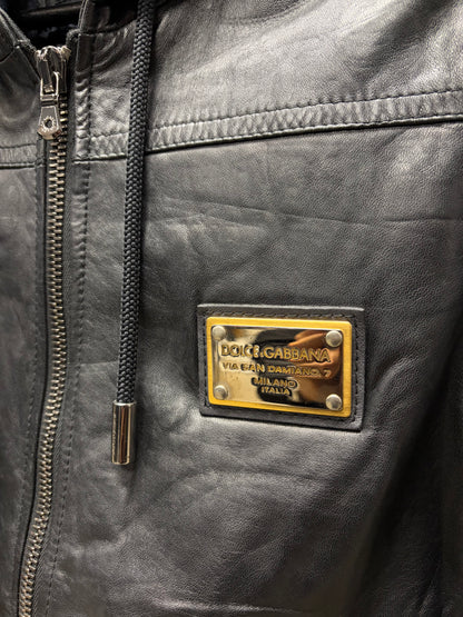 Dolce and Gabbana ‘Mainline’ Hooded Black Lambskin Leather Zip-Up Jacket