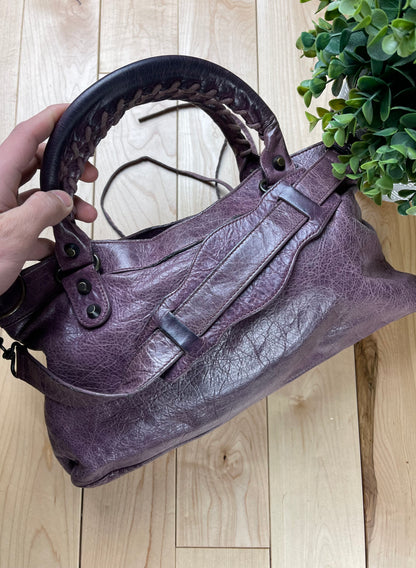 Balenciaga ‘Twiggy’ Purple Calfskin Leather Shoulder/Top Handle City Bag